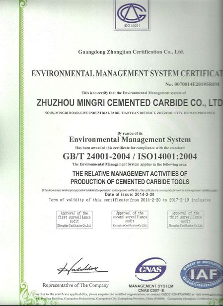 TRUNG QUỐC Zhuzhou Mingri Cemented Carbide Co., Ltd. Chứng chỉ
